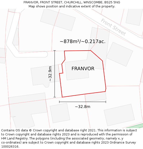 FRANVOR, FRONT STREET, CHURCHILL, WINSCOMBE, BS25 5NG: Plot and title map