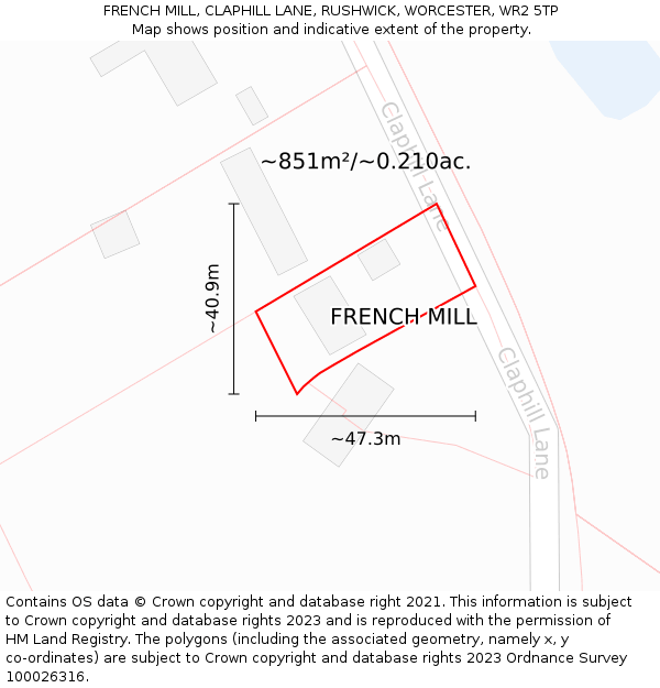FRENCH MILL, CLAPHILL LANE, RUSHWICK, WORCESTER, WR2 5TP: Plot and title map