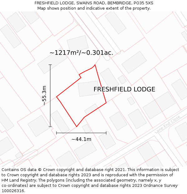 FRESHFIELD LODGE, SWAINS ROAD, BEMBRIDGE, PO35 5XS: Plot and title map