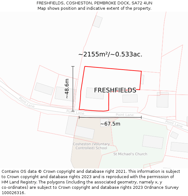 FRESHFIELDS, COSHESTON, PEMBROKE DOCK, SA72 4UN: Plot and title map