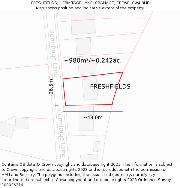 FRESHFIELDS, HERMITAGE LANE, CRANAGE, CREWE, CW4 8HB: Plot and title map