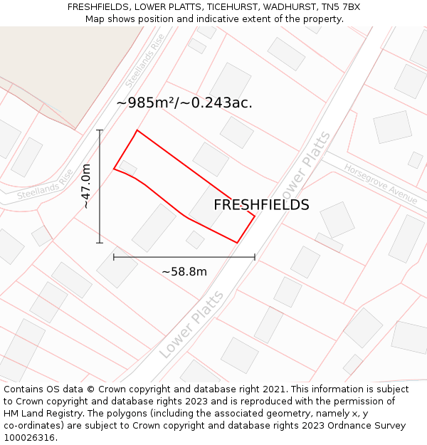 FRESHFIELDS, LOWER PLATTS, TICEHURST, WADHURST, TN5 7BX: Plot and title map
