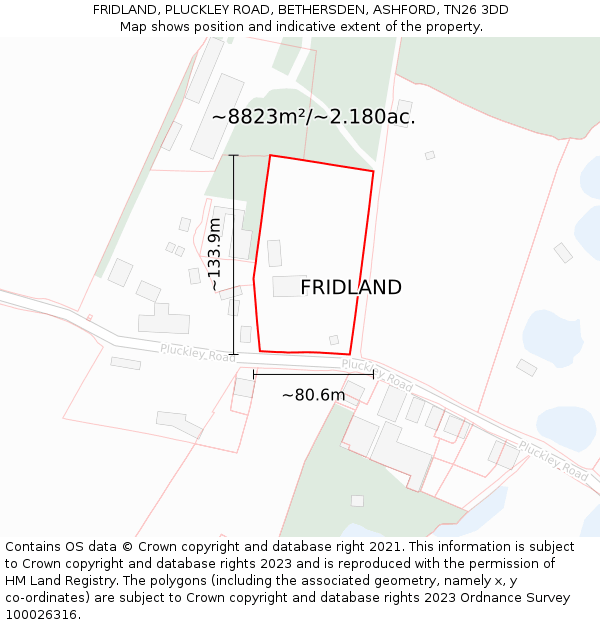 FRIDLAND, PLUCKLEY ROAD, BETHERSDEN, ASHFORD, TN26 3DD: Plot and title map
