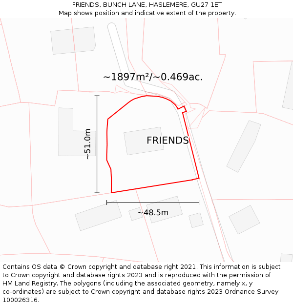 FRIENDS, BUNCH LANE, HASLEMERE, GU27 1ET: Plot and title map