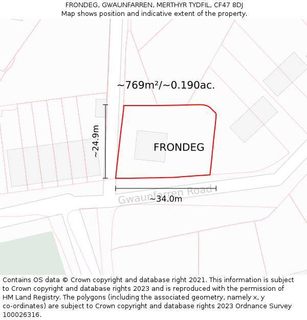 FRONDEG, GWAUNFARREN, MERTHYR TYDFIL, CF47 8DJ: Plot and title map