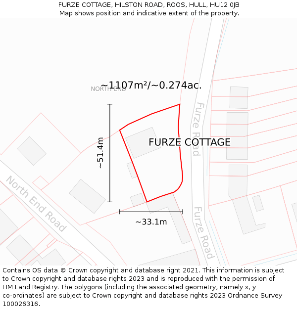 FURZE COTTAGE, HILSTON ROAD, ROOS, HULL, HU12 0JB: Plot and title map