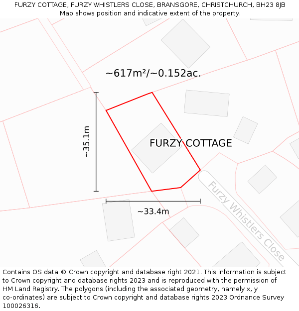 FURZY COTTAGE, FURZY WHISTLERS CLOSE, BRANSGORE, CHRISTCHURCH, BH23 8JB: Plot and title map