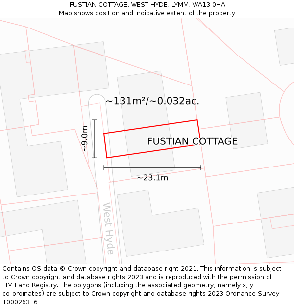 FUSTIAN COTTAGE, WEST HYDE, LYMM, WA13 0HA: Plot and title map