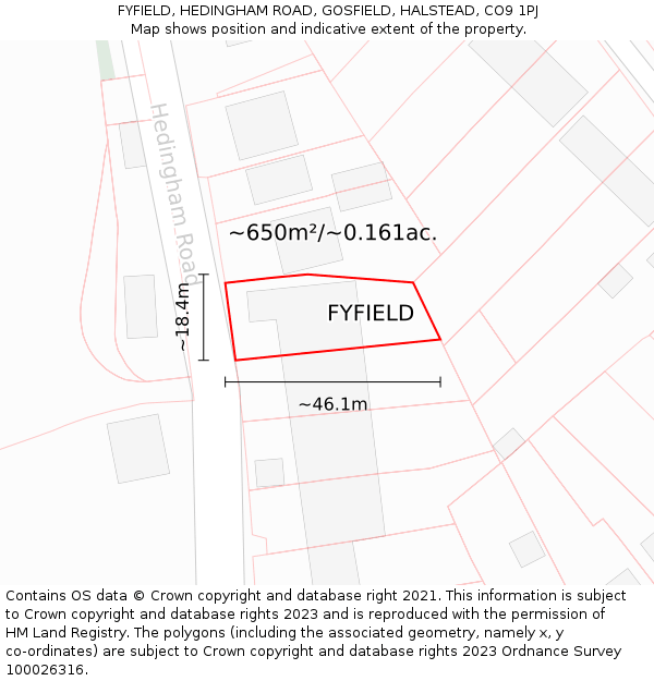 FYFIELD, HEDINGHAM ROAD, GOSFIELD, HALSTEAD, CO9 1PJ: Plot and title map