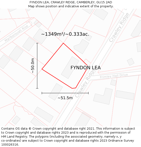 FYNDON LEA, CRAWLEY RIDGE, CAMBERLEY, GU15 2AD: Plot and title map