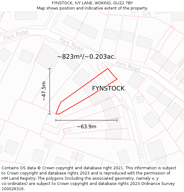 FYNSTOCK, IVY LANE, WOKING, GU22 7BY: Plot and title map