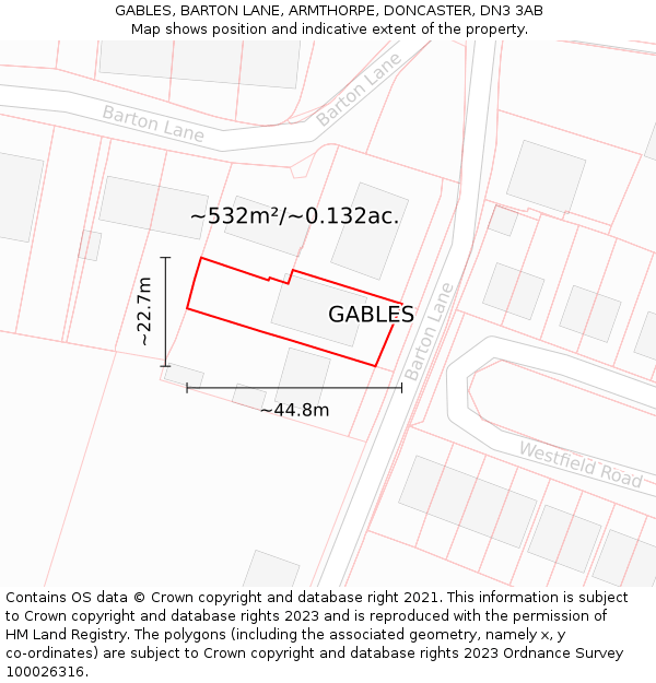 GABLES, BARTON LANE, ARMTHORPE, DONCASTER, DN3 3AB: Plot and title map