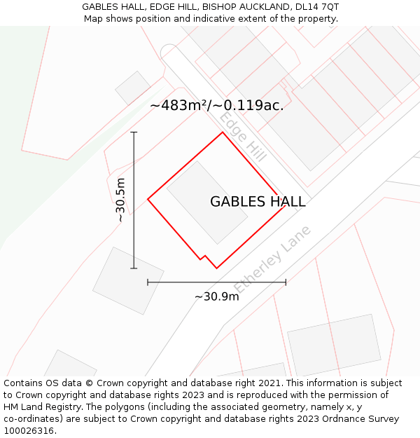 GABLES HALL, EDGE HILL, BISHOP AUCKLAND, DL14 7QT: Plot and title map