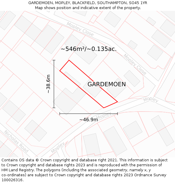 GARDEMOEN, MOPLEY, BLACKFIELD, SOUTHAMPTON, SO45 1YR: Plot and title map