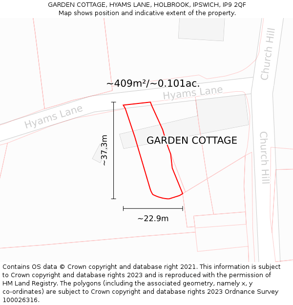 GARDEN COTTAGE, HYAMS LANE, HOLBROOK, IPSWICH, IP9 2QF: Plot and title map