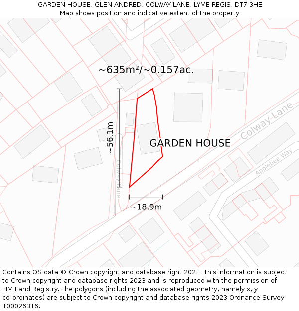 GARDEN HOUSE, GLEN ANDRED, COLWAY LANE, LYME REGIS, DT7 3HE: Plot and title map