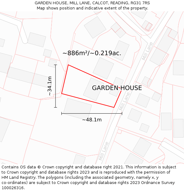 GARDEN HOUSE, MILL LANE, CALCOT, READING, RG31 7RS: Plot and title map
