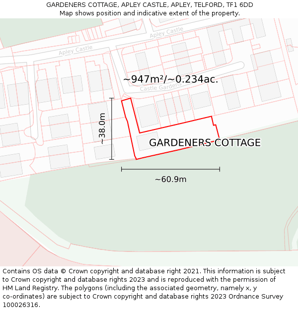 GARDENERS COTTAGE, APLEY CASTLE, APLEY, TELFORD, TF1 6DD: Plot and title map