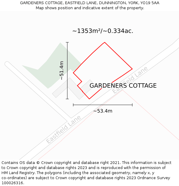 GARDENERS COTTAGE, EASTFIELD LANE, DUNNINGTON, YORK, YO19 5AA: Plot and title map