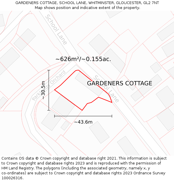 GARDENERS COTTAGE, SCHOOL LANE, WHITMINSTER, GLOUCESTER, GL2 7NT: Plot and title map