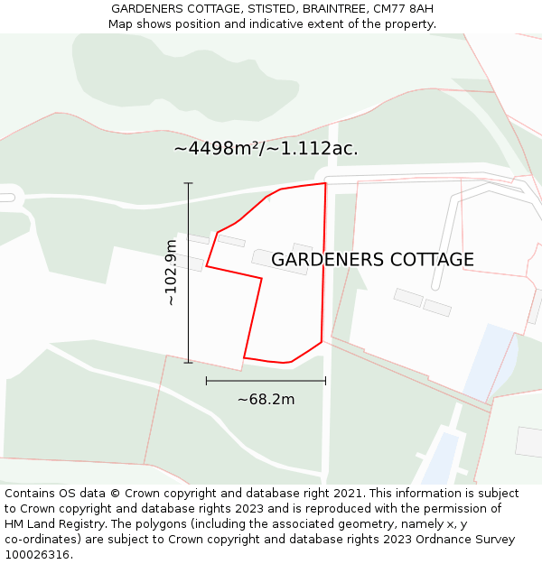 GARDENERS COTTAGE, STISTED, BRAINTREE, CM77 8AH: Plot and title map