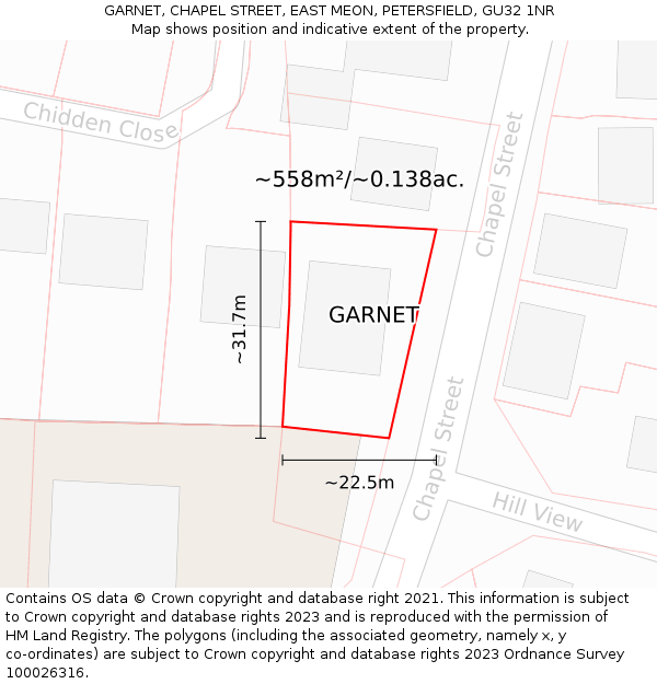 GARNET, CHAPEL STREET, EAST MEON, PETERSFIELD, GU32 1NR: Plot and title map