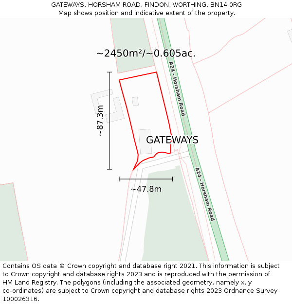 GATEWAYS, HORSHAM ROAD, FINDON, WORTHING, BN14 0RG: Plot and title map