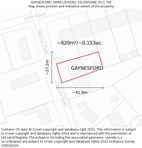 GAYNESFORD, MARCUS ROAD, FELIXSTOWE, IP11 7NF: Plot and title map