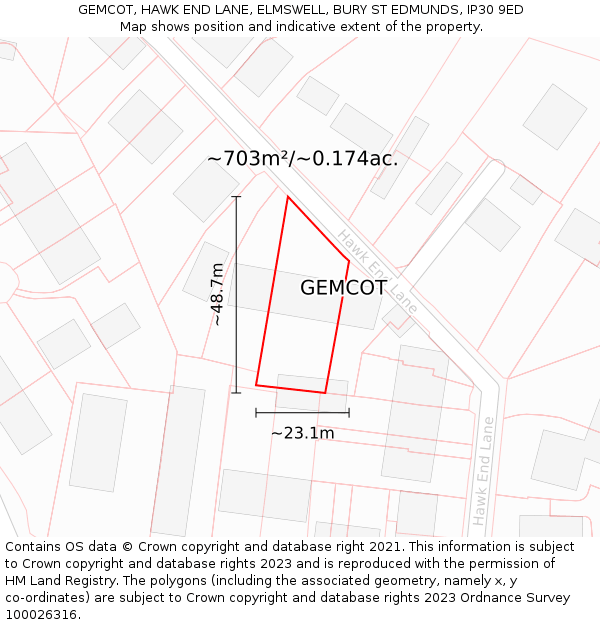 GEMCOT, HAWK END LANE, ELMSWELL, BURY ST EDMUNDS, IP30 9ED: Plot and title map