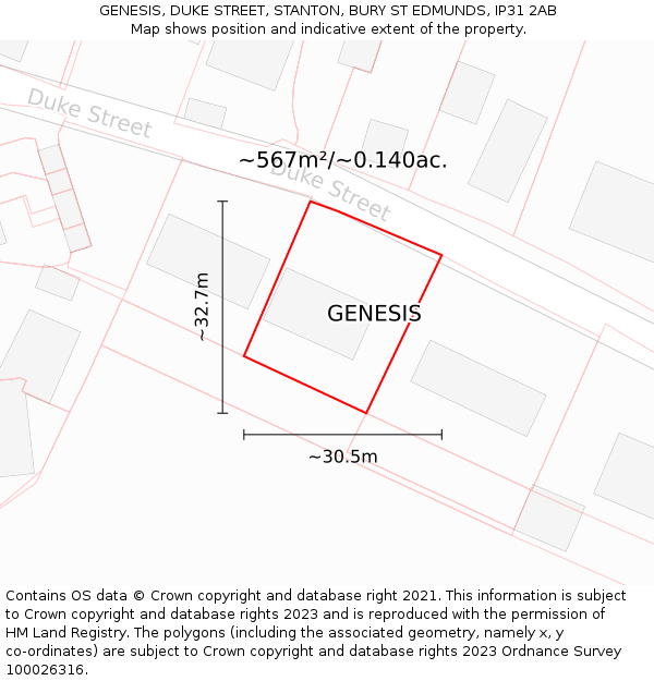 GENESIS, DUKE STREET, STANTON, BURY ST EDMUNDS, IP31 2AB: Plot and title map