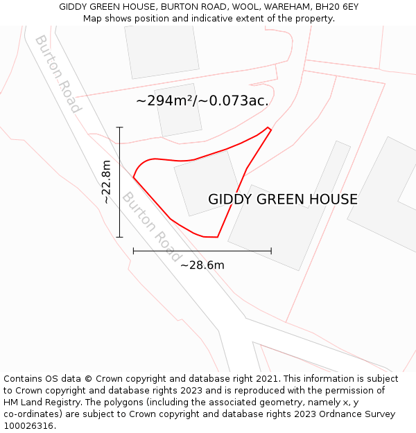 GIDDY GREEN HOUSE, BURTON ROAD, WOOL, WAREHAM, BH20 6EY: Plot and title map