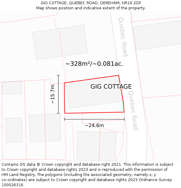 GIG COTTAGE, QUEBEC ROAD, DEREHAM, NR19 2DP: Plot and title map
