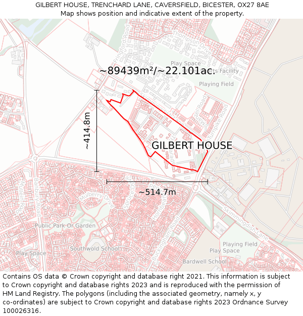 GILBERT HOUSE, TRENCHARD LANE, CAVERSFIELD, BICESTER, OX27 8AE: Plot and title map