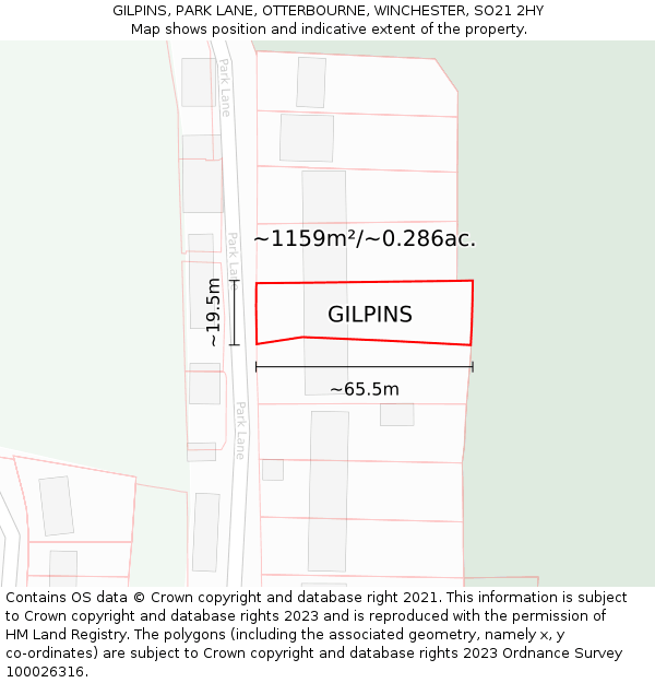 GILPINS, PARK LANE, OTTERBOURNE, WINCHESTER, SO21 2HY: Plot and title map