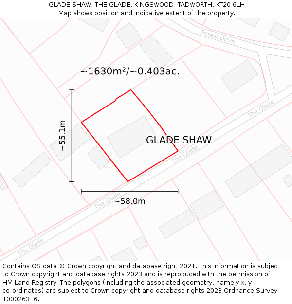 GLADE SHAW, THE GLADE, KINGSWOOD, TADWORTH, KT20 6LH: Plot and title map