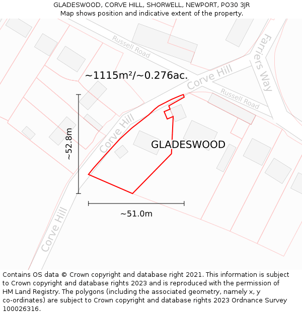 GLADESWOOD, CORVE HILL, SHORWELL, NEWPORT, PO30 3JR: Plot and title map