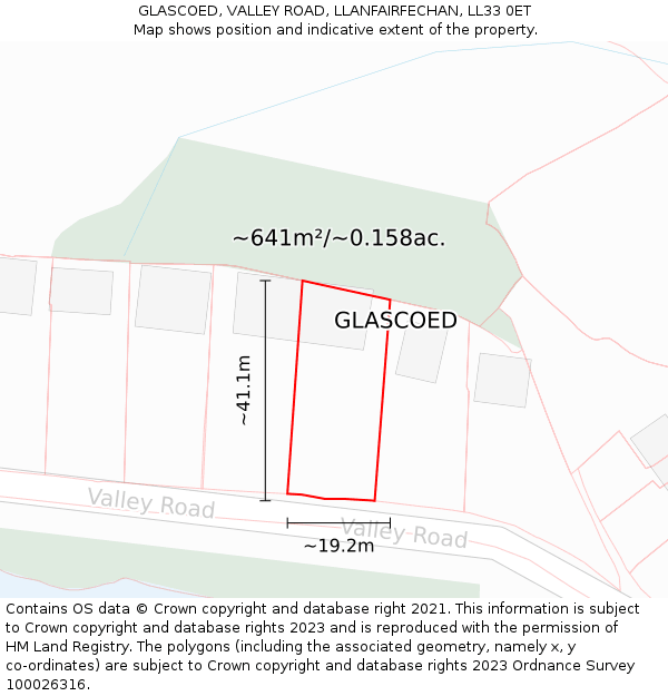 GLASCOED, VALLEY ROAD, LLANFAIRFECHAN, LL33 0ET: Plot and title map