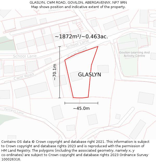 GLASLYN, CWM ROAD, GOVILON, ABERGAVENNY, NP7 9RN: Plot and title map