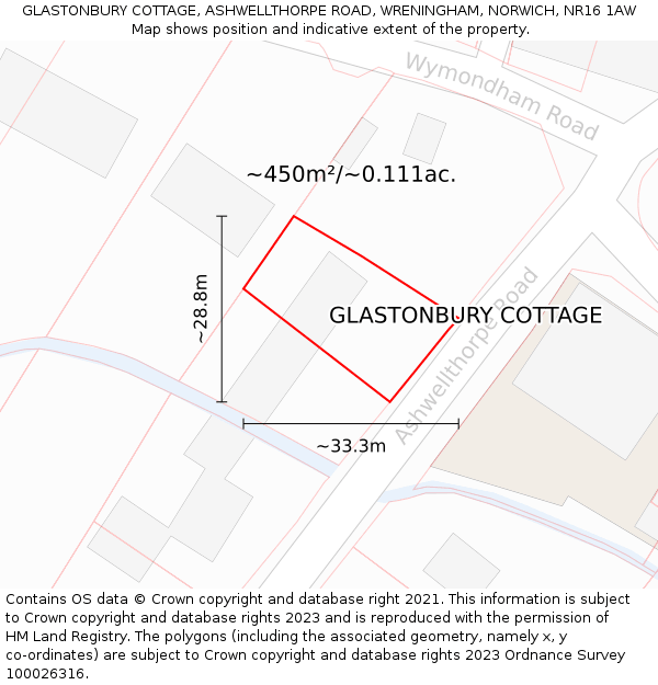 GLASTONBURY COTTAGE, ASHWELLTHORPE ROAD, WRENINGHAM, NORWICH, NR16 1AW: Plot and title map