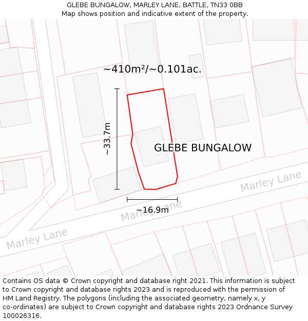 GLEBE BUNGALOW, MARLEY LANE, BATTLE, TN33 0BB: Plot and title map