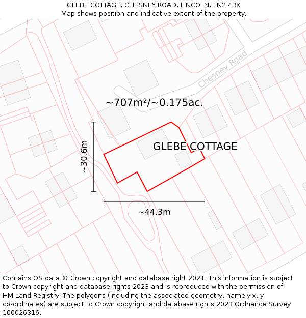 GLEBE COTTAGE, CHESNEY ROAD, LINCOLN, LN2 4RX: Plot and title map