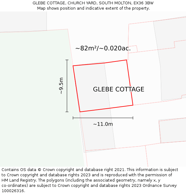 GLEBE COTTAGE, CHURCH YARD, SOUTH MOLTON, EX36 3BW: Plot and title map