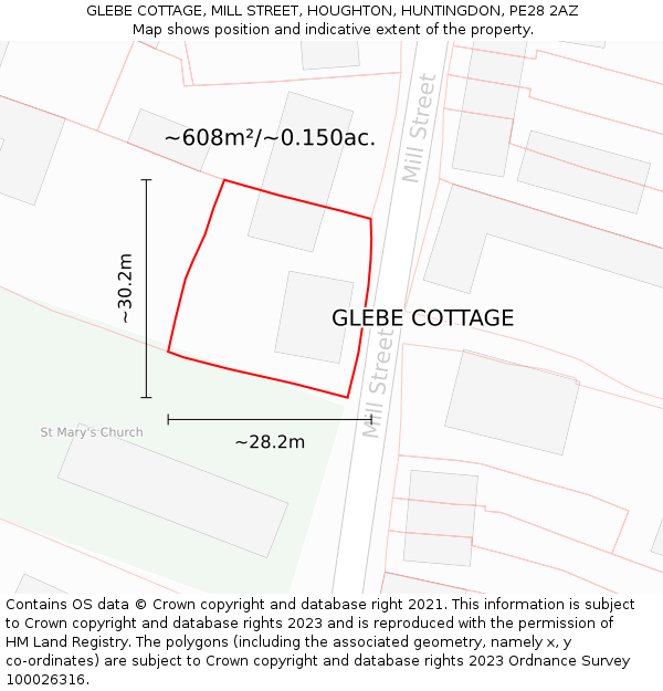 GLEBE COTTAGE, MILL STREET, HOUGHTON, HUNTINGDON, PE28 2AZ: Plot and title map