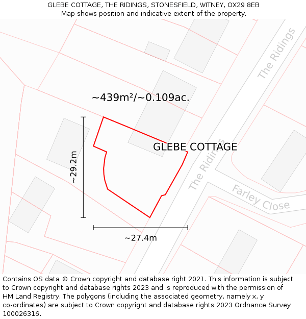 GLEBE COTTAGE, THE RIDINGS, STONESFIELD, WITNEY, OX29 8EB: Plot and title map