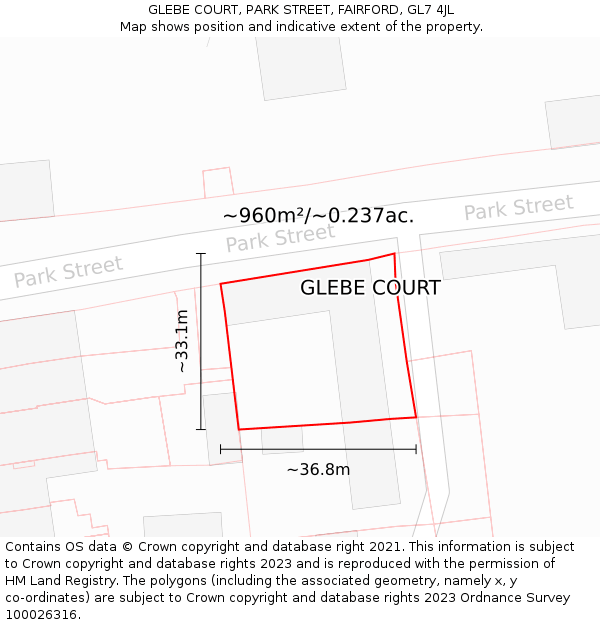 GLEBE COURT, PARK STREET, FAIRFORD, GL7 4JL: Plot and title map