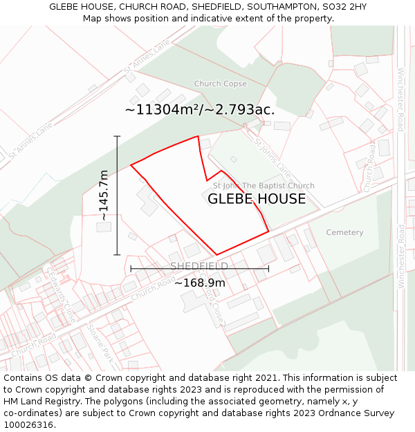 GLEBE HOUSE, CHURCH ROAD, SHEDFIELD, SOUTHAMPTON, SO32 2HY: Plot and title map