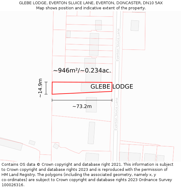 GLEBE LODGE, EVERTON SLUICE LANE, EVERTON, DONCASTER, DN10 5AX: Plot and title map