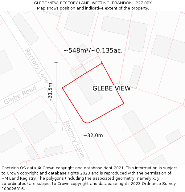 GLEBE VIEW, RECTORY LANE, WEETING, BRANDON, IP27 0PX: Plot and title map