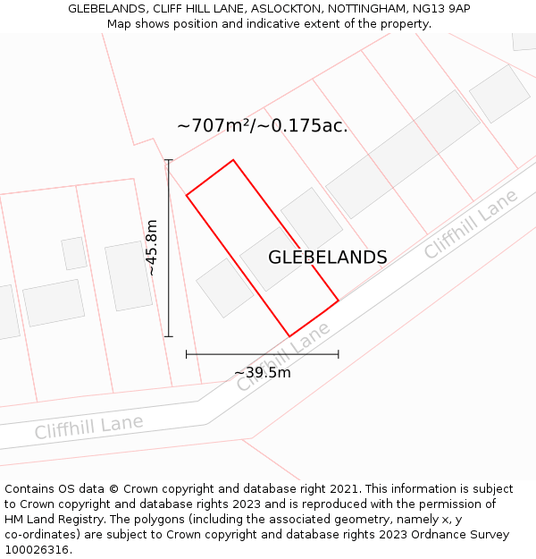 GLEBELANDS, CLIFF HILL LANE, ASLOCKTON, NOTTINGHAM, NG13 9AP: Plot and title map