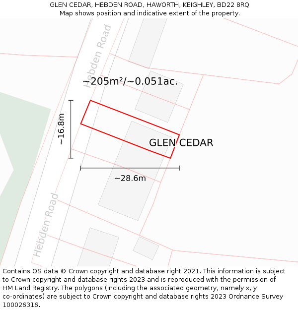 GLEN CEDAR, HEBDEN ROAD, HAWORTH, KEIGHLEY, BD22 8RQ: Plot and title map